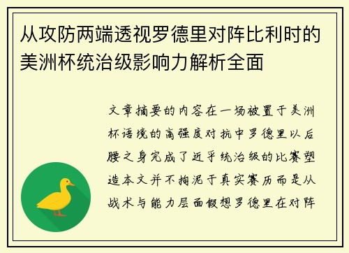 从攻防两端透视罗德里对阵比利时的美洲杯统治级影响力解析全面 从攻防两端透视罗德里对阵比利时的美洲杯统治级影响力解析全面